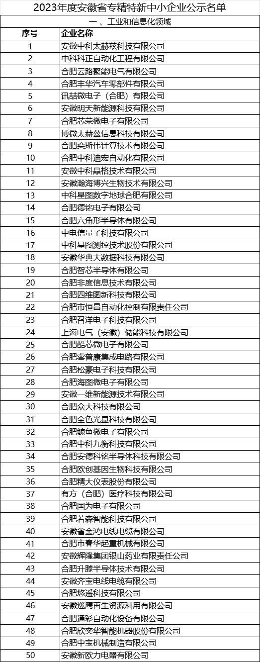 2023年安徽省 專精特新中小企業完整名單