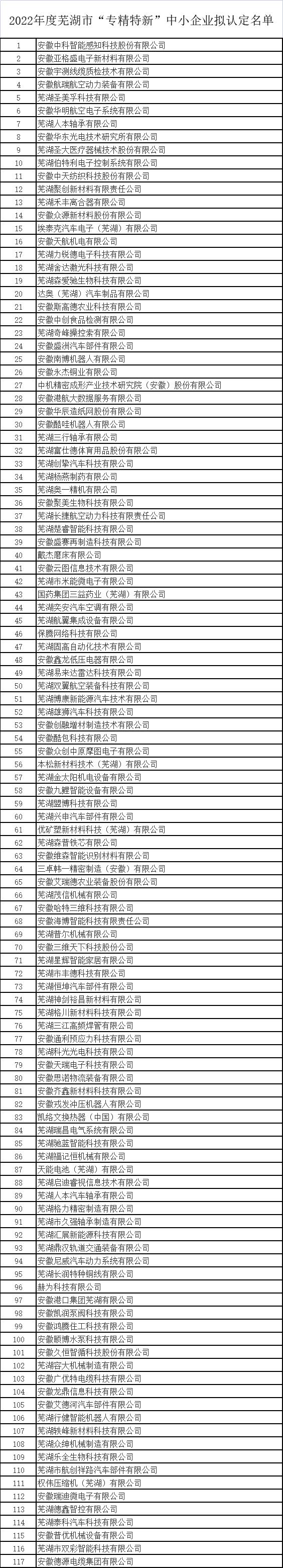 2022年蕪湖市專精特新中小企業(yè)名單