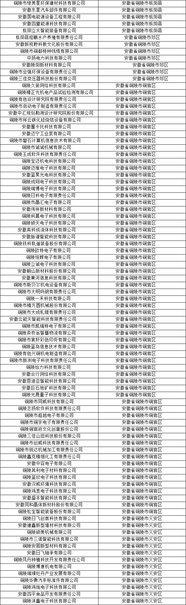 銅陵市科技型中小企業名單