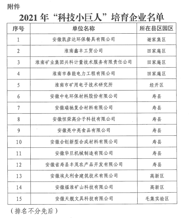 淮南市科技小巨人培育企業(yè)名單